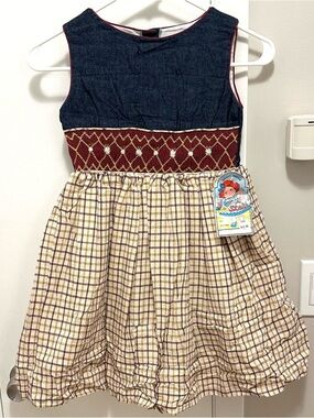 Vintage Narci Stell Smocked Waist Plaid & Denim Dress Girls 6 beige yellow red
